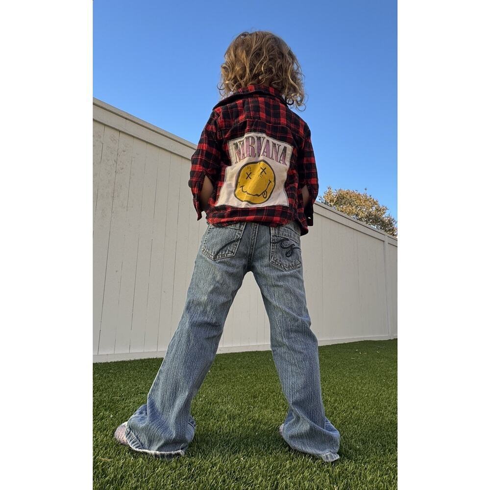 NIRVANA 90s Metal Rock Upcycled Retro Vintage Grunge Plaid Flannel Kids Size 2T - Picture 2 of 12